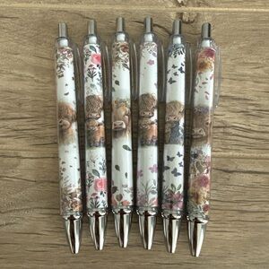 YJ PREMIUMS 6PC Highland Cow Floral Click Push Pens Pen Set NEW